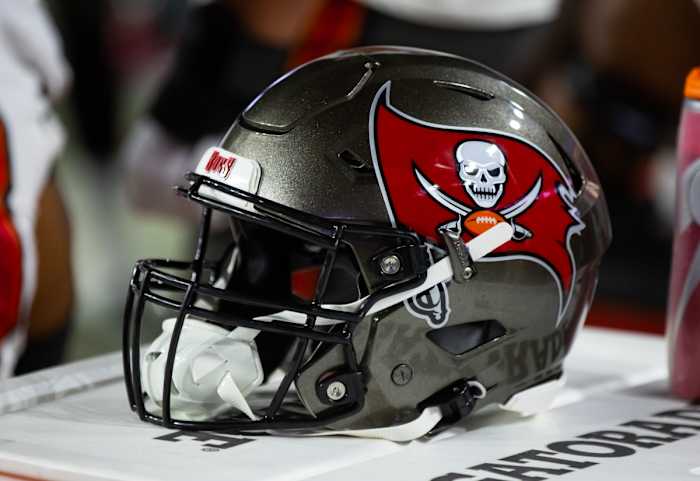 Glendale, Arizona, USA; Detailed view of a Tampa Bay Buccaneers helmet at State Farm Stadium.